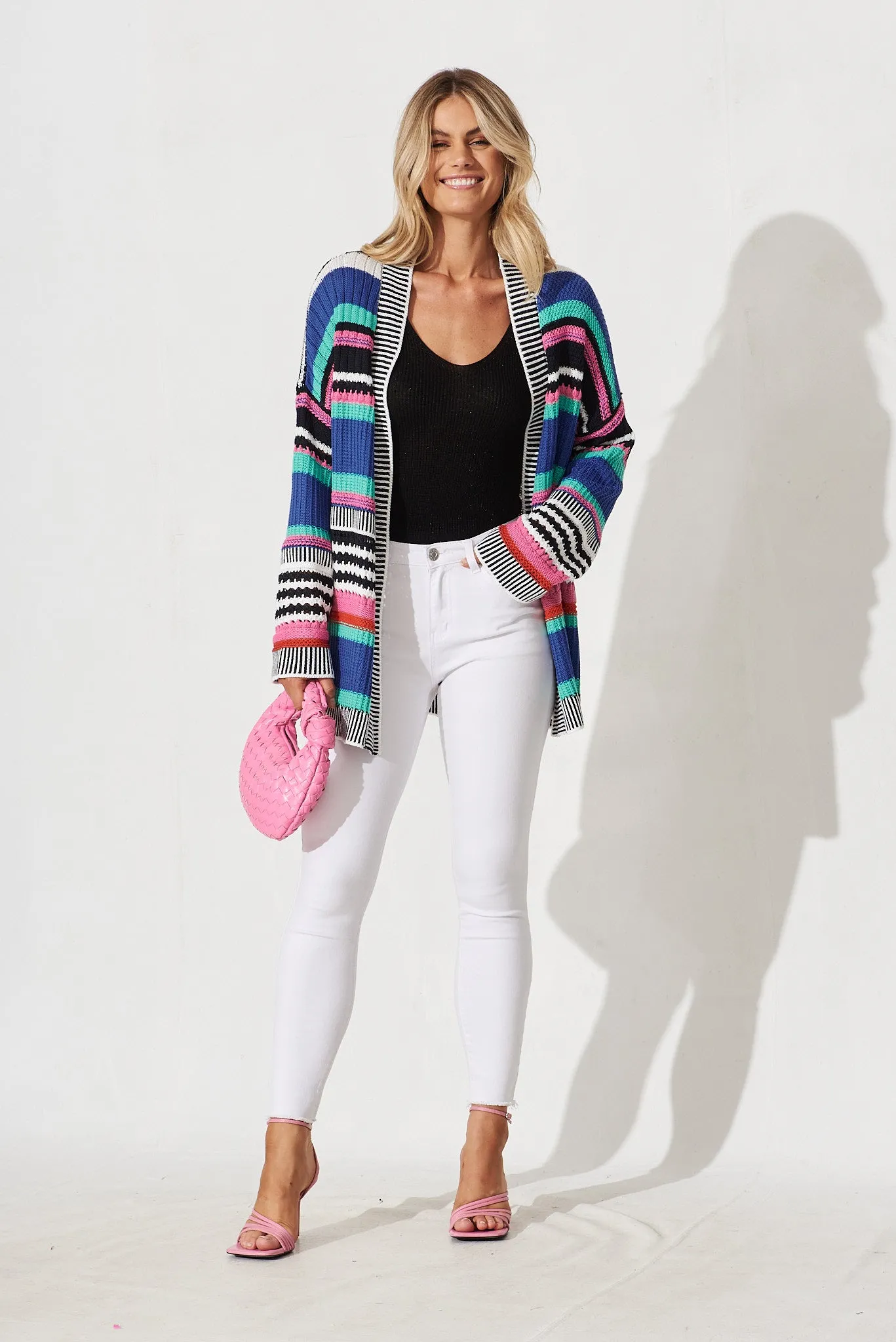 Trevi Knit Cardigan In Blue Multi Stripe Cotton Blend