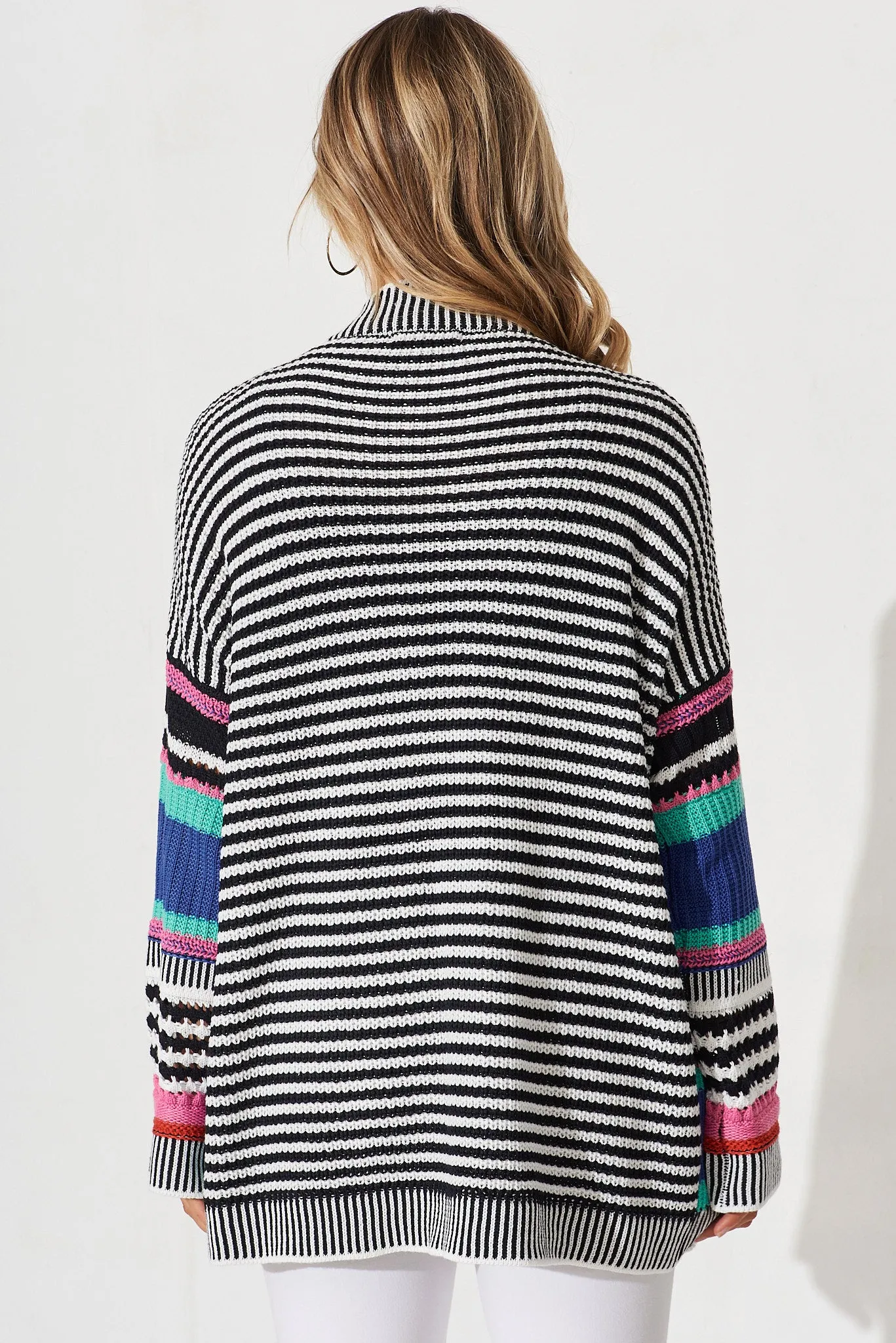 Trevi Knit Cardigan In Blue Multi Stripe Cotton Blend