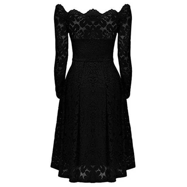 Vintage Dress Elegant Ladies Lace Off Shoulder Women Dress Slim Long Sleeve Office Ladies Dress Vestido Feminino#121 SM6