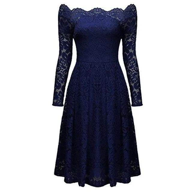 Vintage Dress Elegant Ladies Lace Off Shoulder Women Dress Slim Long Sleeve Office Ladies Dress Vestido Feminino#121 SM6