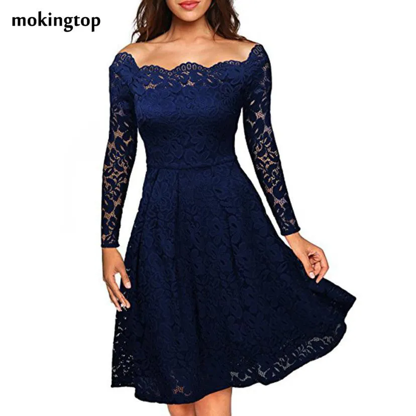 Vintage Dress Elegant Ladies Lace Off Shoulder Women Dress Slim Long Sleeve Office Ladies Dress Vestido Feminino#121 SM6