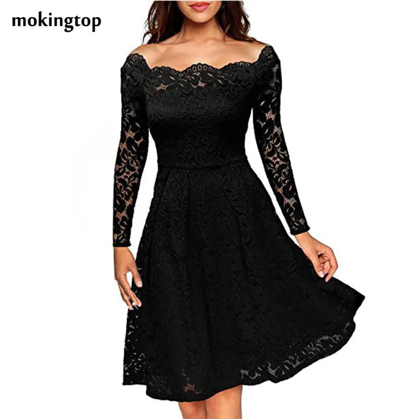 Vintage Dress Elegant Ladies Lace Off Shoulder Women Dress Slim Long Sleeve Office Ladies Dress Vestido Feminino#121 SM6