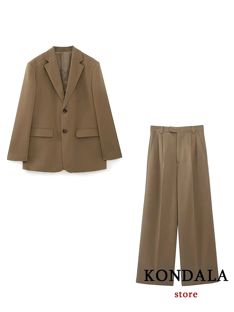 Vintage Office Lady Fashion 2023 Solid Khaki Women Chic Suits Long Sleeve Oversized Blazer Slim Vest Wide Leg Mop Pants