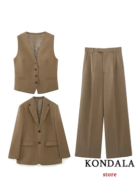 Vintage Office Lady Fashion 2023 Solid Khaki Women Chic Suits Long Sleeve Oversized Blazer Slim Vest Wide Leg Mop Pants