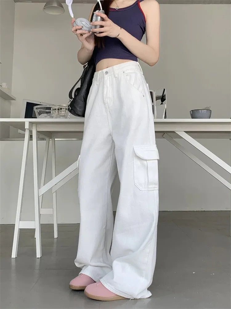 White work jeans women's autumn ins trendy American retro drape floor-length trousers straight wide-leg pants