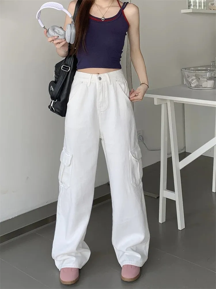 White work jeans women's autumn ins trendy American retro drape floor-length trousers straight wide-leg pants