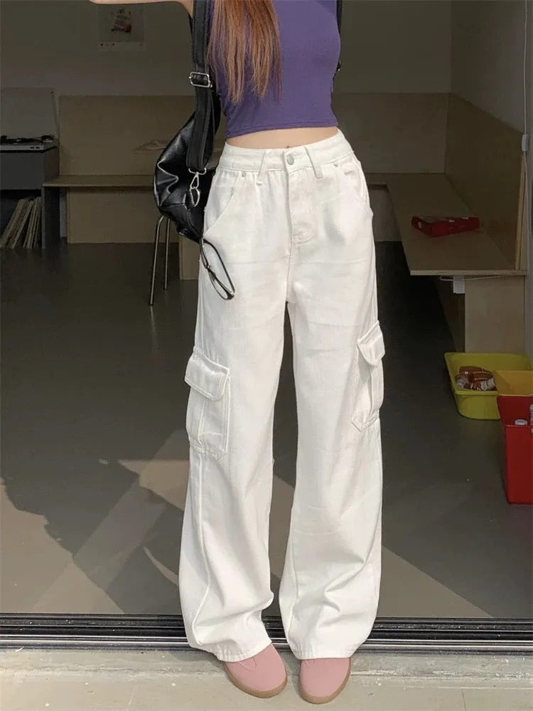 White work jeans women's autumn ins trendy American retro drape floor-length trousers straight wide-leg pants