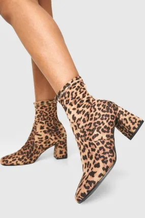 Wide Width Leopard Print Square Toe Block Heeled Boots