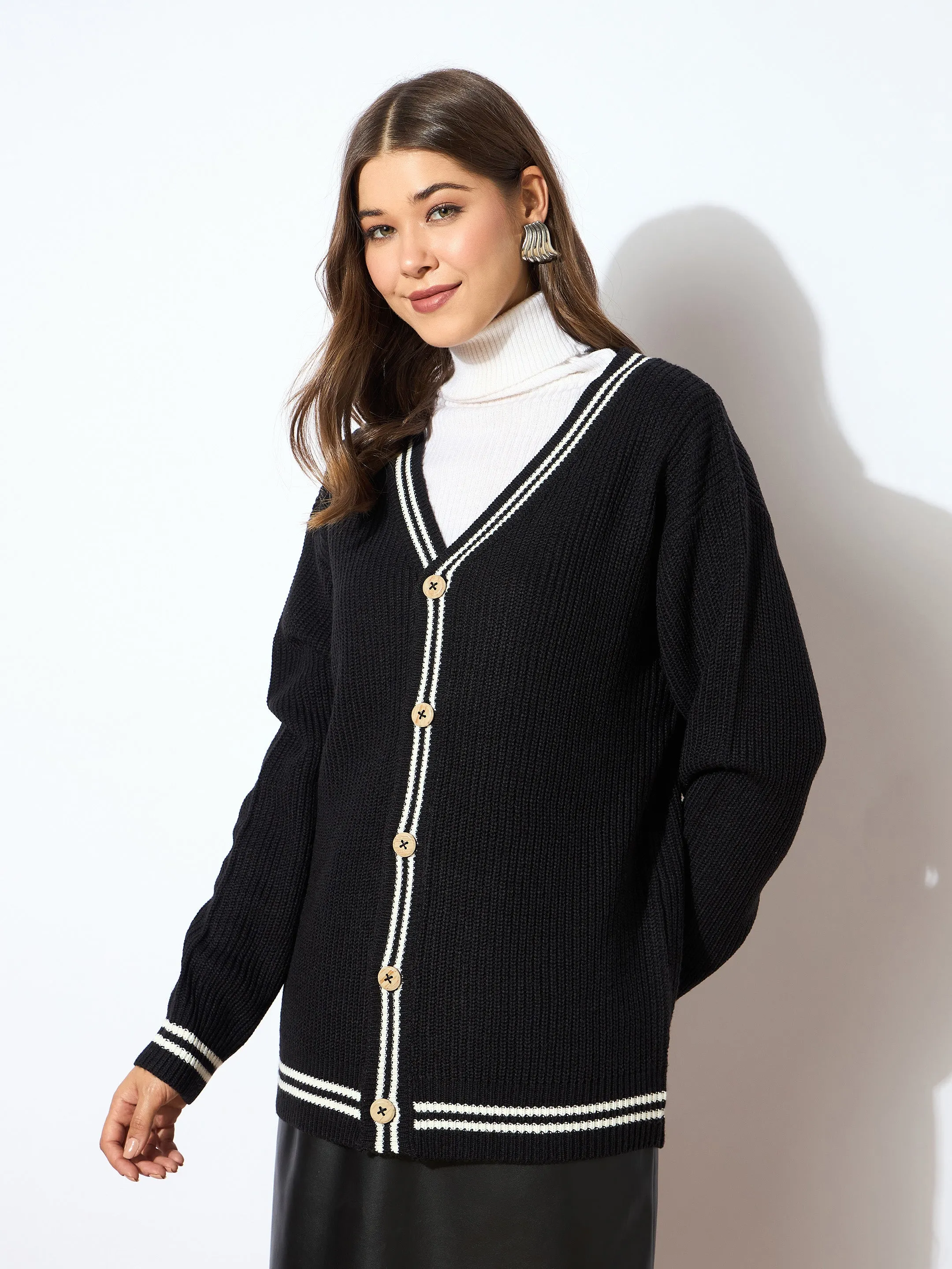 Women Black Front Button Oversized Cardigan