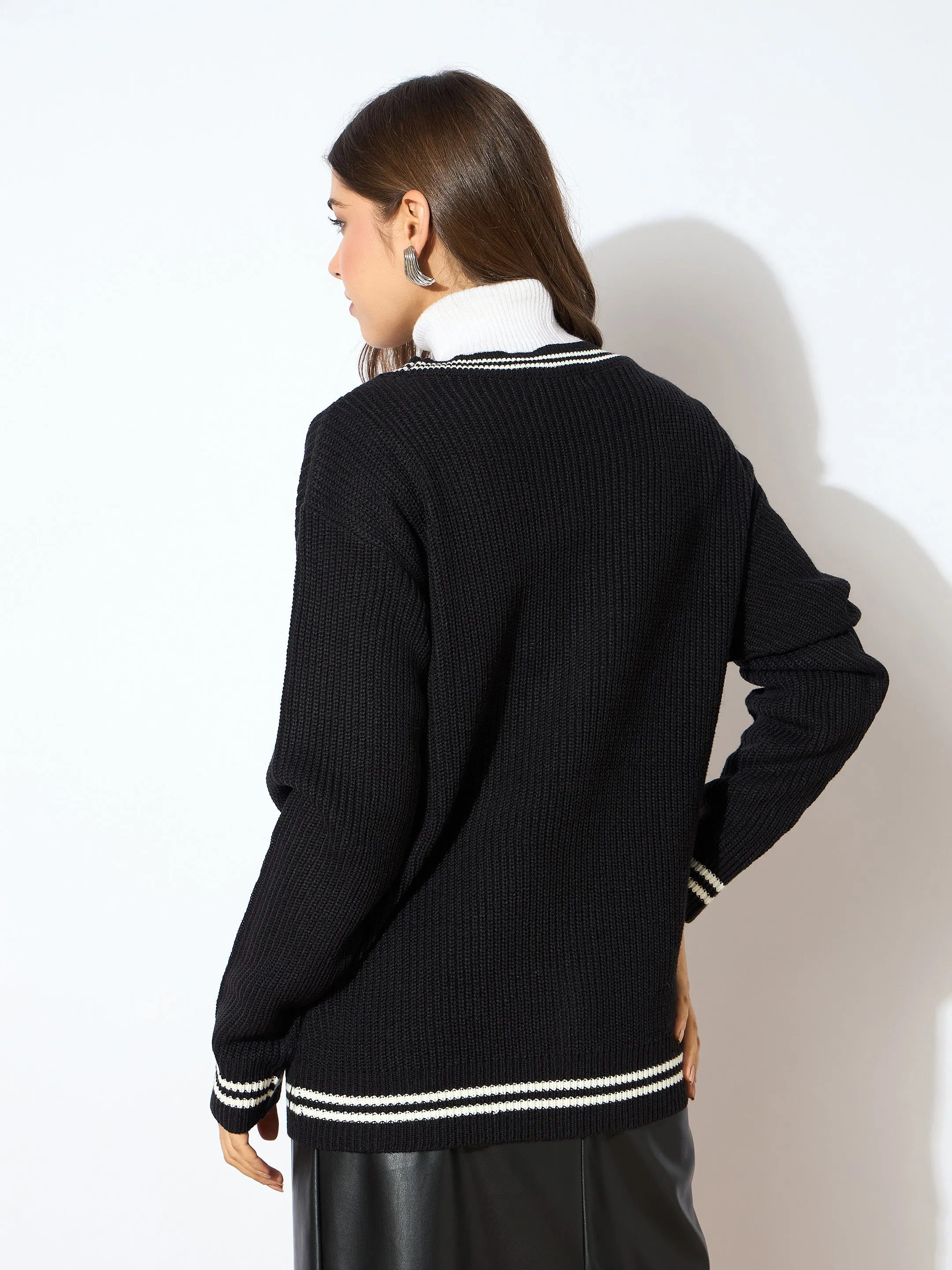 Women Black Front Button Oversized Cardigan