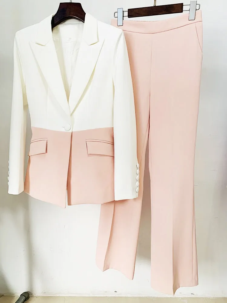 Women's Single Button Spliced Patchwork Blazer Flare Pants Two Piece Suit Set