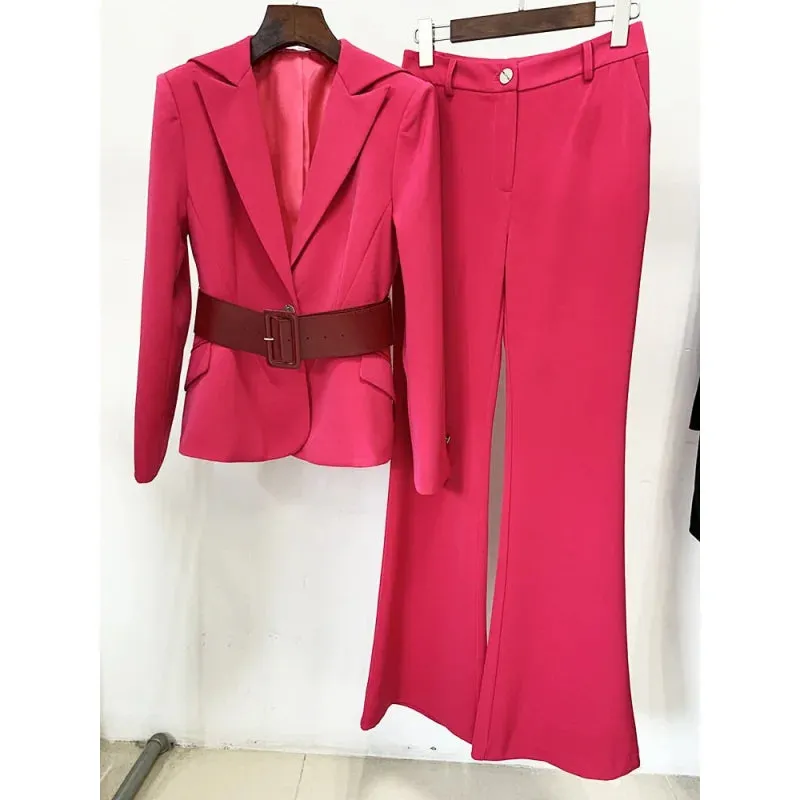 Women's Slim Fit Flare Pants Single Button Belted Blazer Two Piece Suit