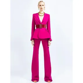 Women's Slim Fit Flare Pants Single Button Belted Blazer Two Piece Suit