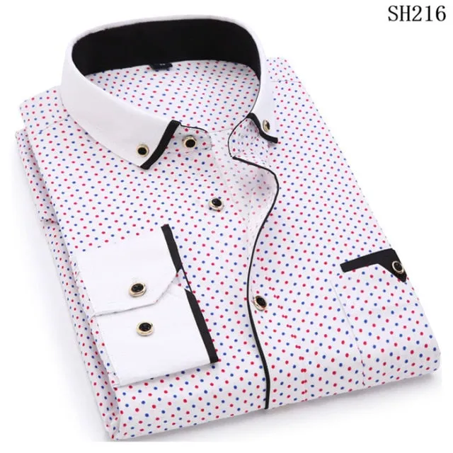 Xituodai Fashion Print Casual Men Long Sleeve Button Shirt Stitching Pocket Design Fabric Soft Comfortable For Men Dress Slim Fi