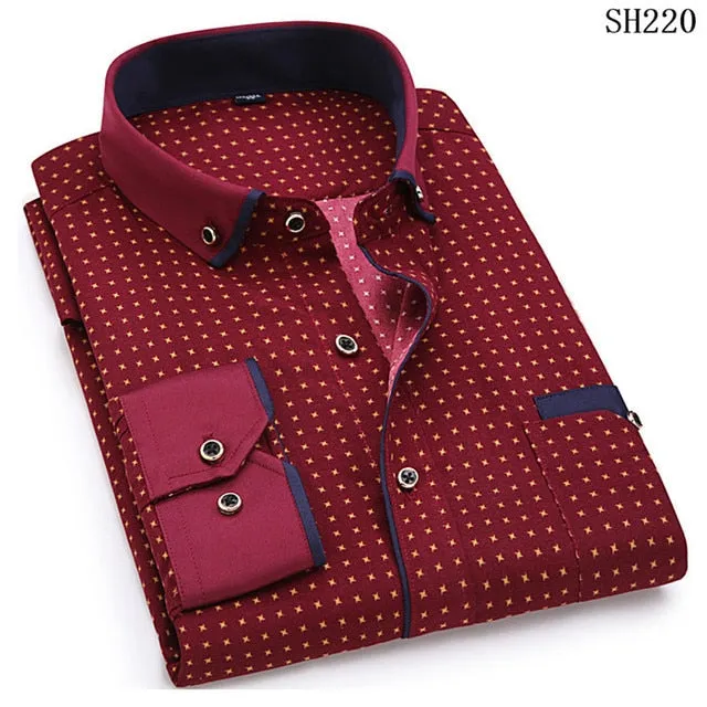 Xituodai Fashion Print Casual Men Long Sleeve Button Shirt Stitching Pocket Design Fabric Soft Comfortable For Men Dress Slim Fi