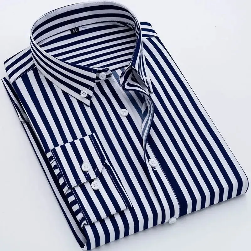 Xituodai New Spring and Autumn Long Sleeve Slim Fit Thin Casual Business Stripe Polo Collar Panel Button Pocket Oversize Men's S