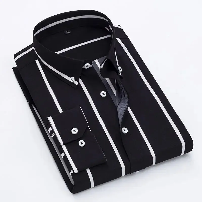 Xituodai New Spring and Autumn Long Sleeve Slim Fit Thin Casual Business Stripe Polo Collar Panel Button Pocket Oversize Men's S